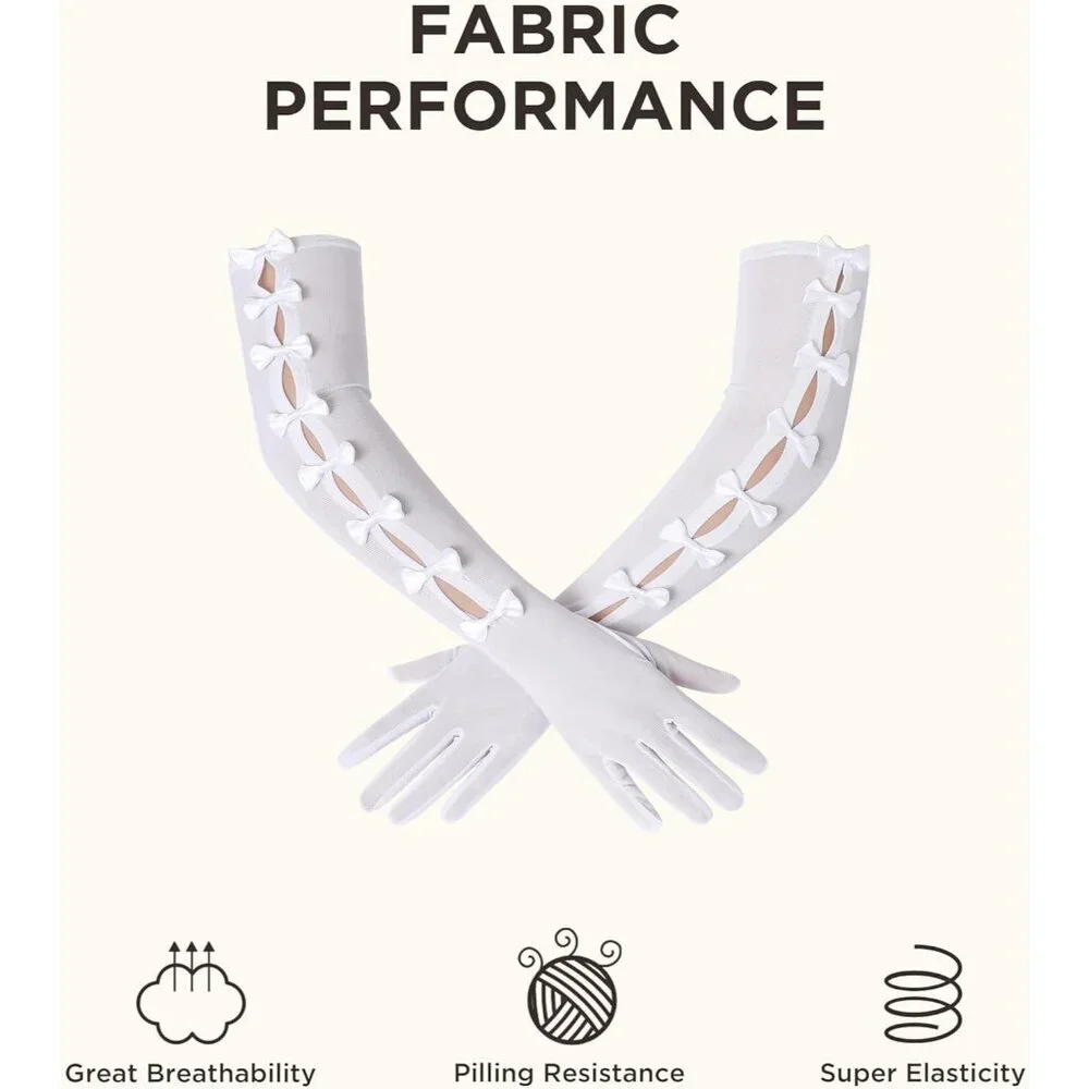 Women's Princess White Long Sleeves Gloves Bow Lace Mesh Tulle Party Prom